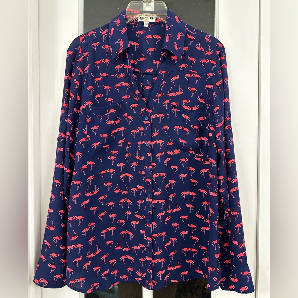EXPRESS Navy Blue Portofino Shirt with Flamingo Design (Size L)